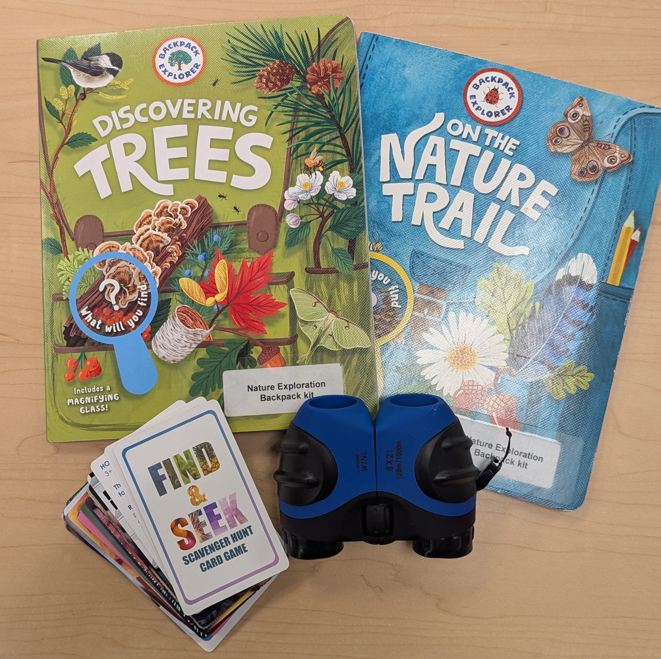 Picture of contents of Nature Exploration Backpack Kit. Listed in description