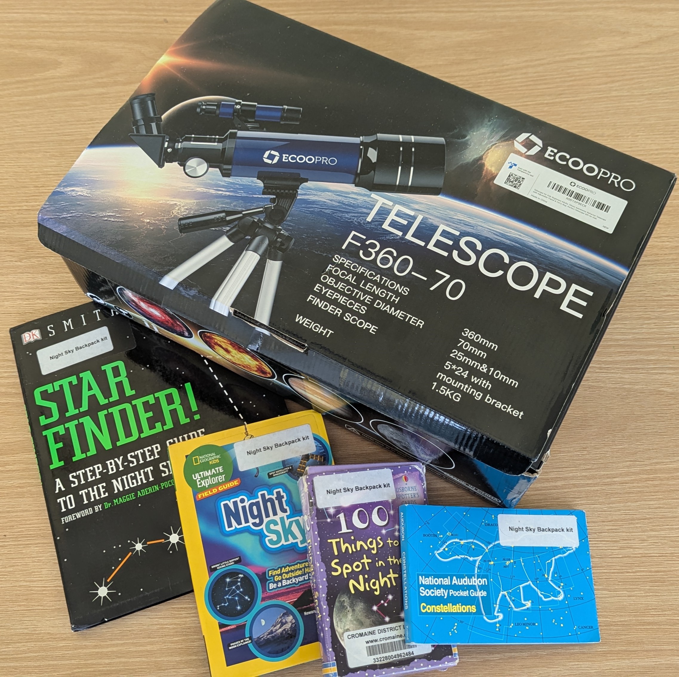 Picture of contents of Night Sky Backpack kit. List in description. 