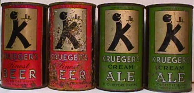 Four cans of Krueger's beer, with the original flat tops that had to be pried open with a key or knife. 