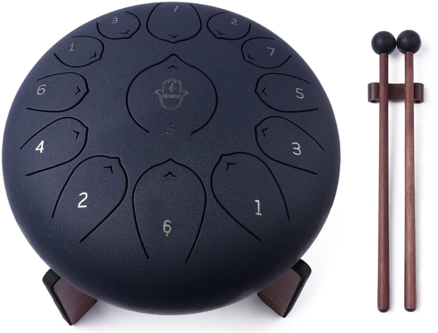 image of steel tongue drum and sticks. 