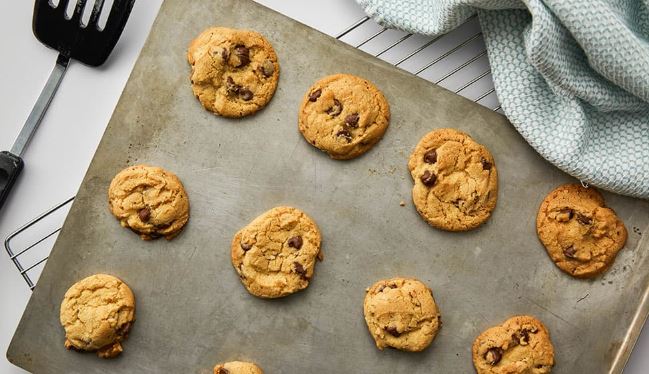 Chocolate chip cookies, in rows on a cookie sheet. 
