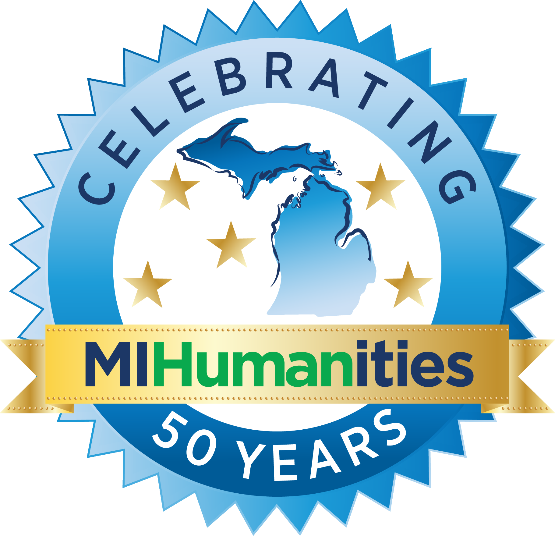 Logo with an icon of Michigan in the center of a blue seal that says "Celebrating MIHumanities 50 years".