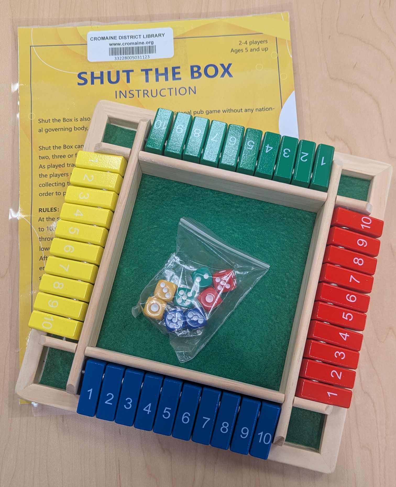 Shut the Box game with instructions and dice