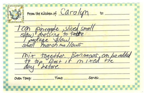 Recipe card by Carolyn - slaw recipe. 