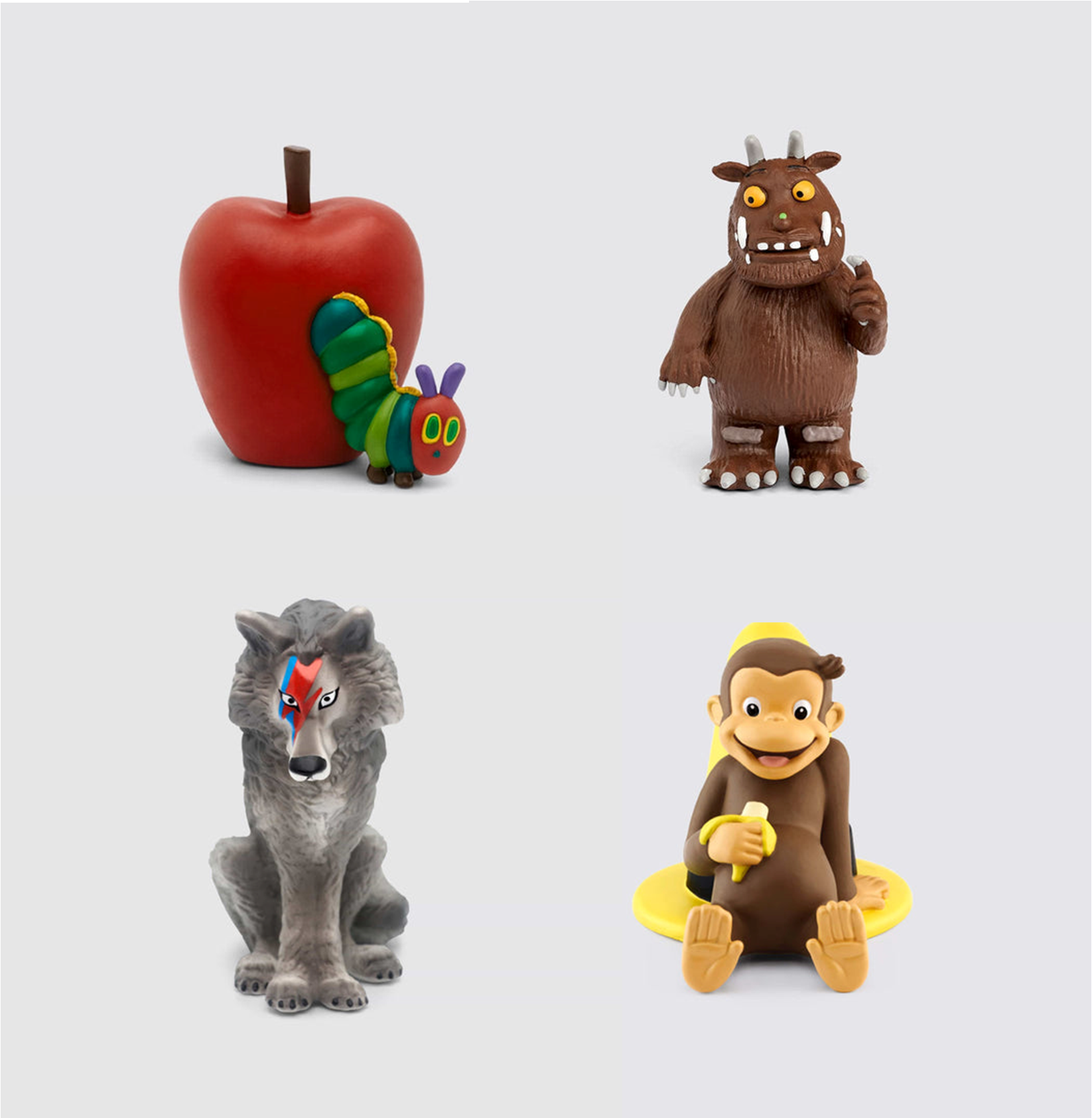 shows Very Hungry Caterpillar, Gruffalo, Peter and the Wolf, and Curious George Tonies figurines