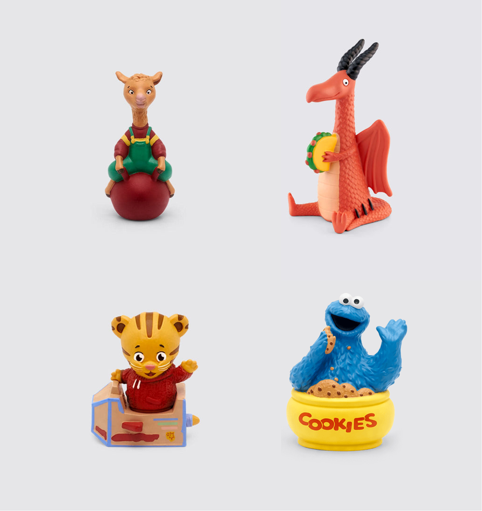 shows Llama Llama, Dragons Love Tacos, Daniel Tiger, and Cookie Monster Tonies figurines