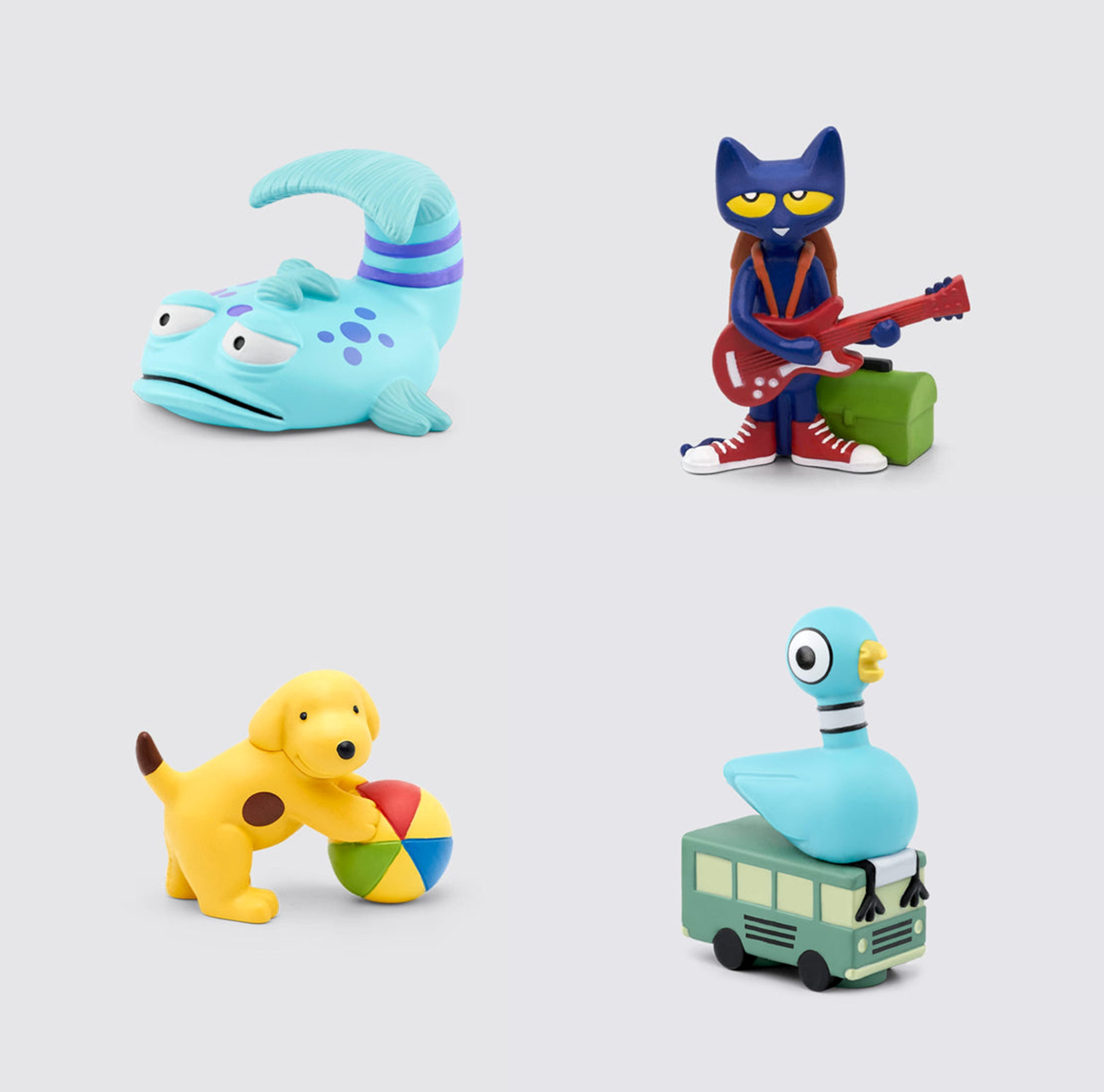 Shows Pout Pout Fish, Pete the Cat, Spot, and Pigeon Tonies figurines 