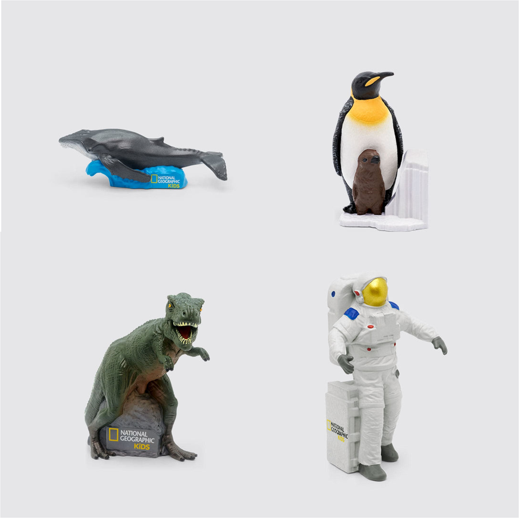 shows Whale, Penguin, Dinosaur, and Astronaut Tonie figurines from the National Geographic Kids sets. 