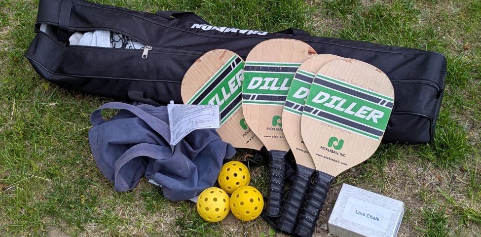 A pickleball set displayed on a lawn. 