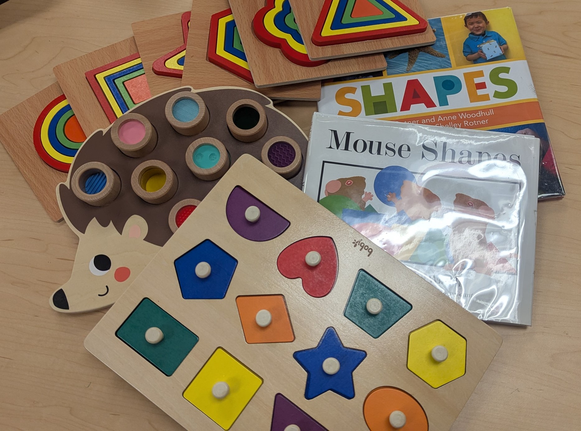 displays contents of shapes and colors kit--1 set of shape puzzles, 1 texture hedgehog puzzle and one shape puzzle, plus two books