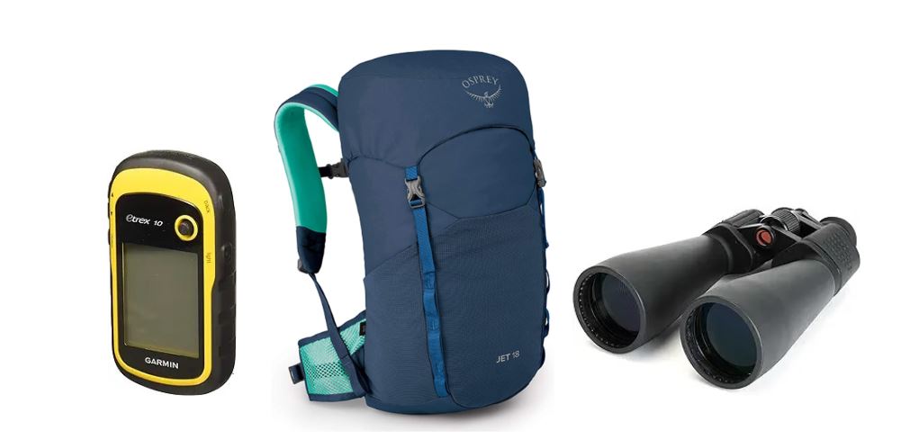 Hiking materials available from the Library of Things, including a Geocaching kit, a Hiking Backpack, and Binoculars. 