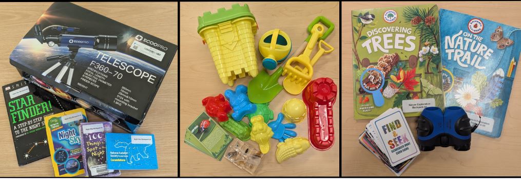 Kits from the Library of Things, including the Night Sky kit, Beach Kit, and Nature kit. 