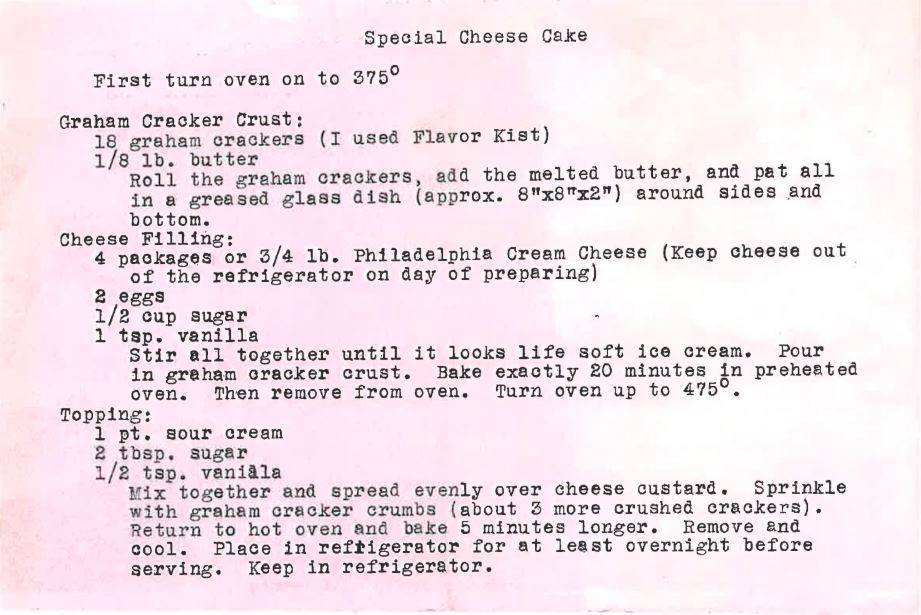 Recipe for 'Special Cheese Cake' 