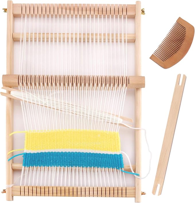 image of small frame loom with partial weaving and tools. 