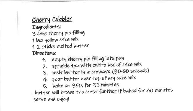 A recipe card for cherry cobbler. 