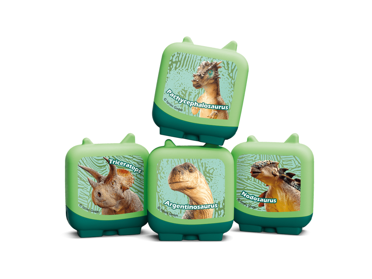 displays four green squares with images of four dinosaurs on their fronts