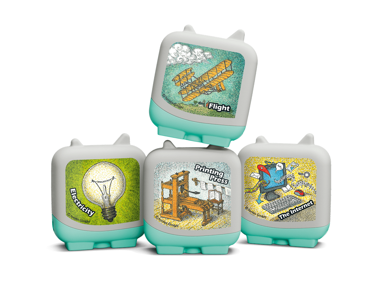 displays four grey and teal squares with different inventions