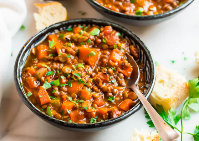 A bowl of lentil soup. 