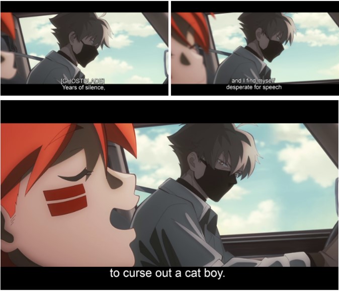 A set of stills from "To Be Hero X" including subtitles of the character Ghostblade's inner monologue which read "Years of silence. And I find myself desperate for speech. To curse out a cat boy."