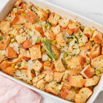 Stuffing in a casserole dish. 
