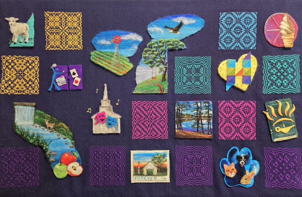 A patchwork-style fiber arts and textile piece includes elements of weaving and needle felting.
