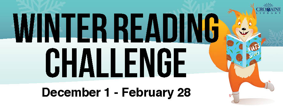 A cartoon squrrell reads a book in a winter scene. Words read Winter Reading Challenge December 1 to February 28