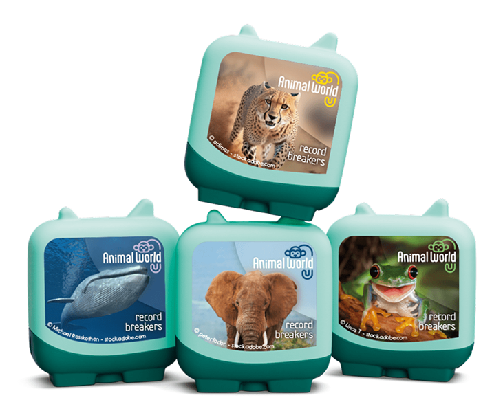 displays four green squares with images of a cheetah, a whale, a elephant, and a frog on the front
