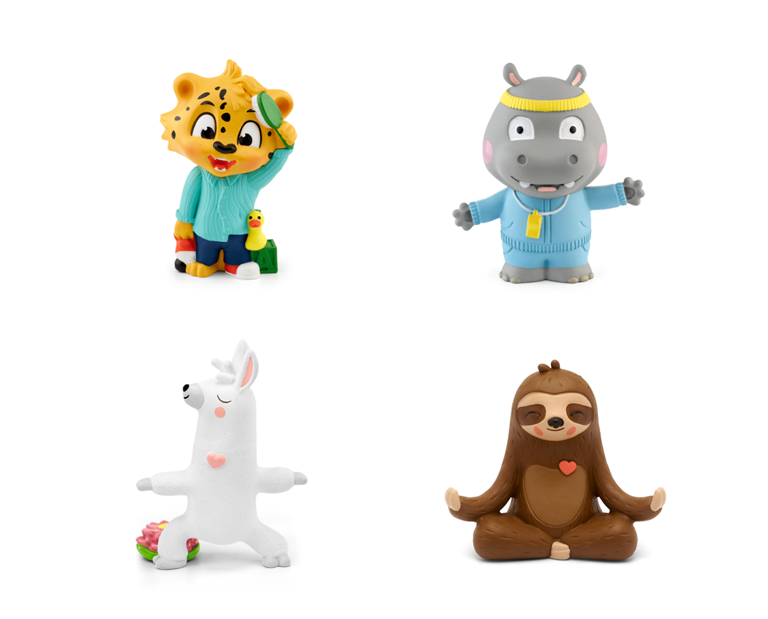 Displays Tonie figurines Leo's Day, Healthy Habits, Yoga with Sarah Llama, and Mindfulness with Mo