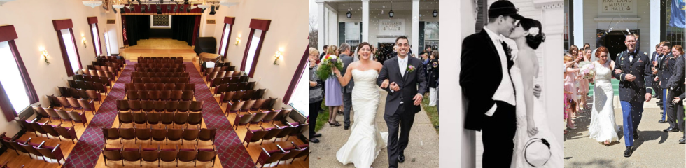 Interior of empty hall, three photos of happy brides and grooms walking outside hall.