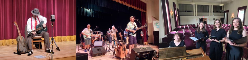 Collage of solo performer, band, and acapella performers at piano in Hall