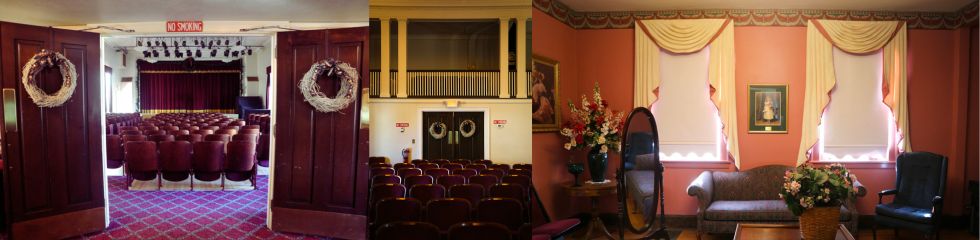 Collage of interior of Music Hall with dark wood and Victoria era vibes.