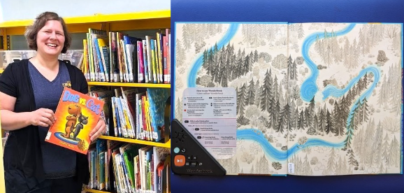 Left: Librarian Lucy in the Wonderbooks section. Right: An opened Wonderbook showing the electronic reading player. 