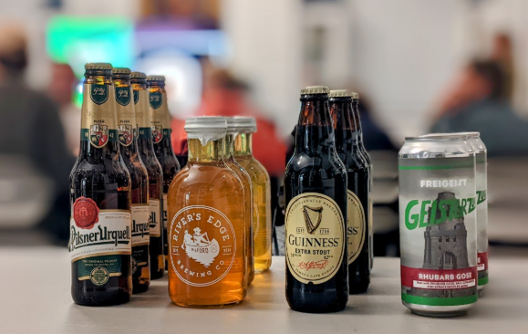 Bottles and cans of beer in the Community Room. 