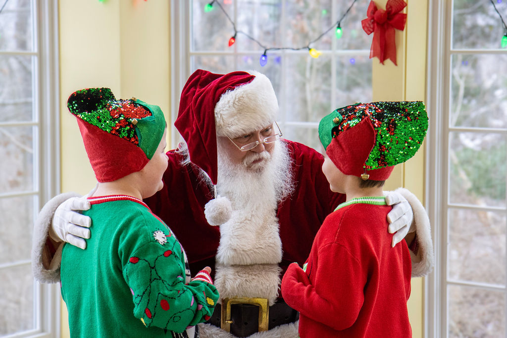 Two children dressed as elves visit Santa in the Youth Program Room at Cromaine Library December 2025