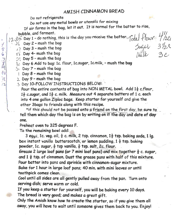 Amish Cinnamon Bread recipe card. 