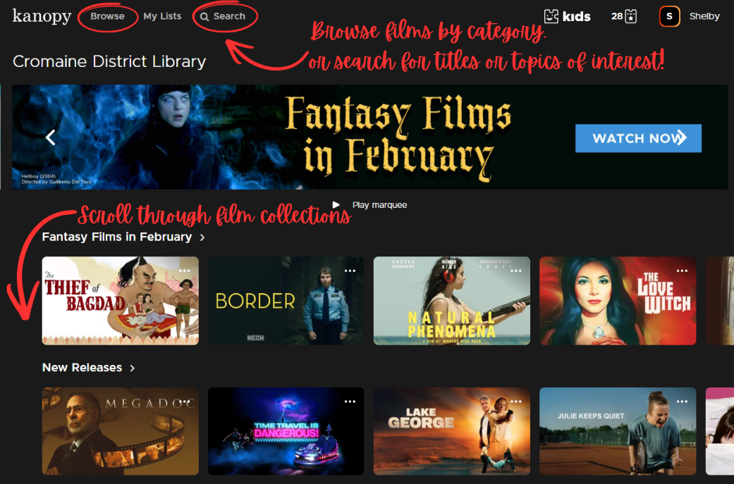 Browse, Search, or Scroll for films in Kanopy!