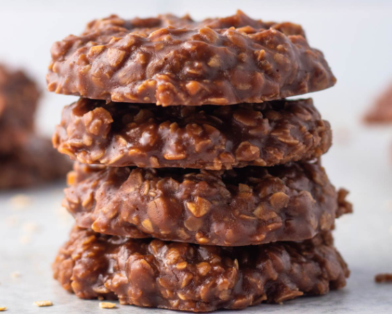 No-bake cookies, stacked on a countertop. 