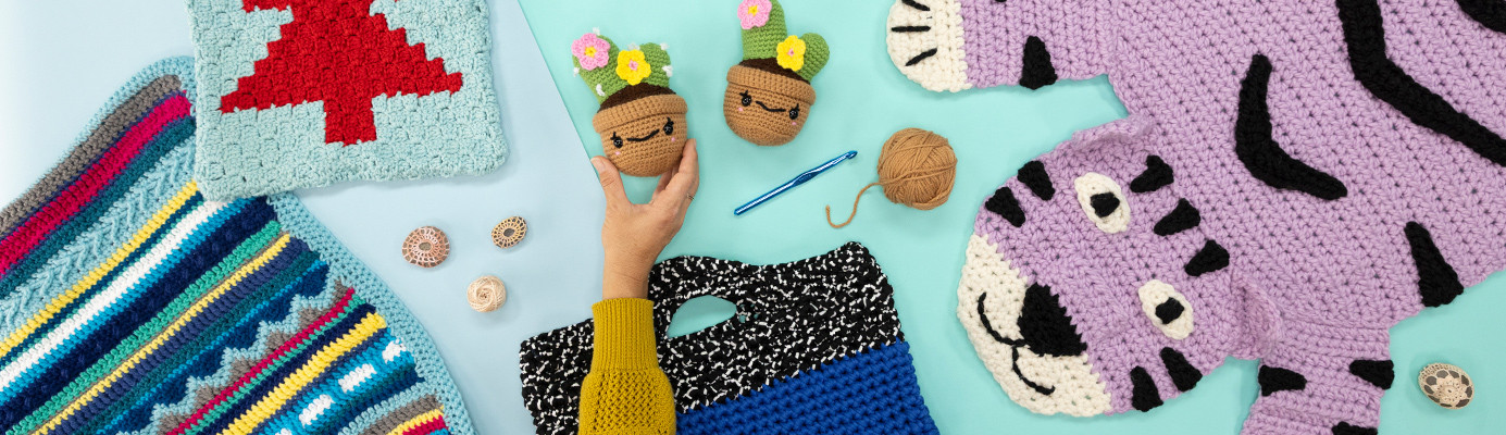 A strip featuring images of crocheted home decor items. 