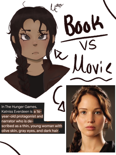 A drawing of Katniss Everdeen from "The Hunger Games" by Suzanne Collins next to a photo of Jennifer Lawrence's portrayal of Katniss in the "Hunger Games" film