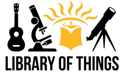 The Library of Things logo, featuring a ukulele, microscope, telescope, and the CDL gold book/lamp/sun logo. 