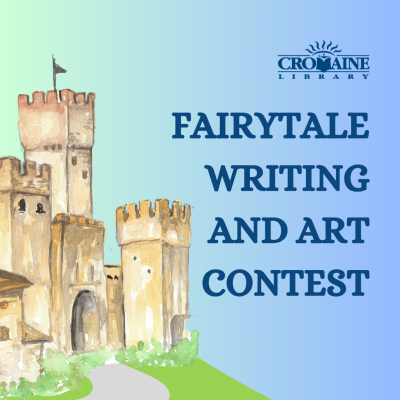 A castle with a blue sky and the text "Fairytale Writing and Art Contest" in blue