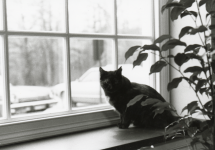 Rachel sitting at a windowsill, in black and white. 
