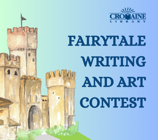 A castle with a blue sky and the text "Fairytale Writing and Art Contest" in blue