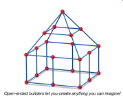 Fort built with blue rods and red circles. Text below reads "Open-ended builders let you create anything you can imagine!"