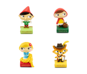 Displays Tonie figurines Pinocchio, Red Riding Hood, Rapunzel, and Puss in Boots. 