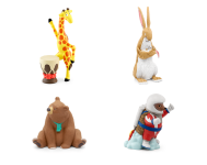 Displays Tonie figurines for the following characters: Giraffes Can't Dance, Guess How Much I Love You, We're Going on a Bear Hunt, and Hedgie Blasts Off