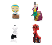 Displays Tonie figurines for the following characters: Alice in Wonderland, Charlie and the Chocolate Factory, Diary of a Wimpy Kid, and Where in the World is Carmen Sandiego? 