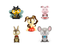 Displays the five included Tonie figurines for this kit: a bee, a pig, a puppy, a rabbit, and a mouse