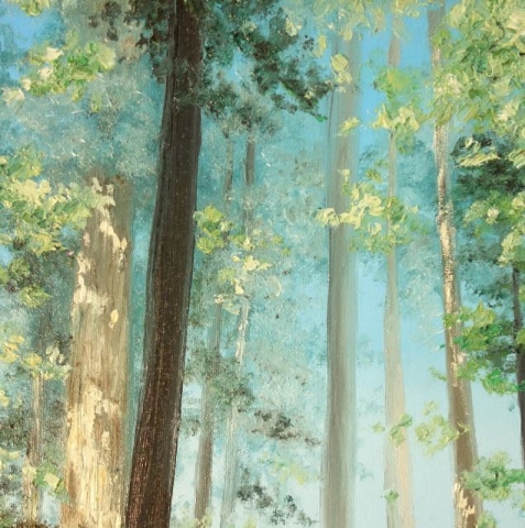 A painting of trees, with the sky in the background. 