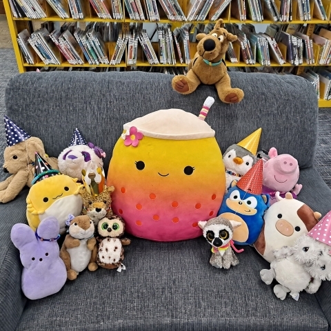 Stuffed animals of all shapes, sizes, and colors gathered on an armchair in the Youth department. 